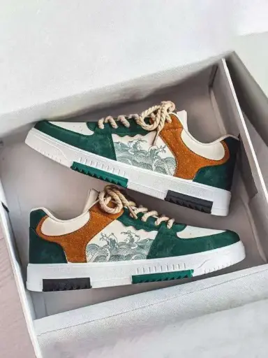 T.H.S Men's White Casual Sneaker Shoes  Green Print Shoe